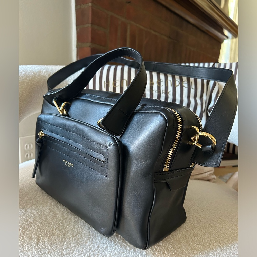 Henri Bendel black leather barrel camera bag